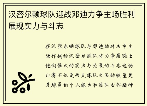 汉密尔顿球队迎战邓迪力争主场胜利展现实力与斗志